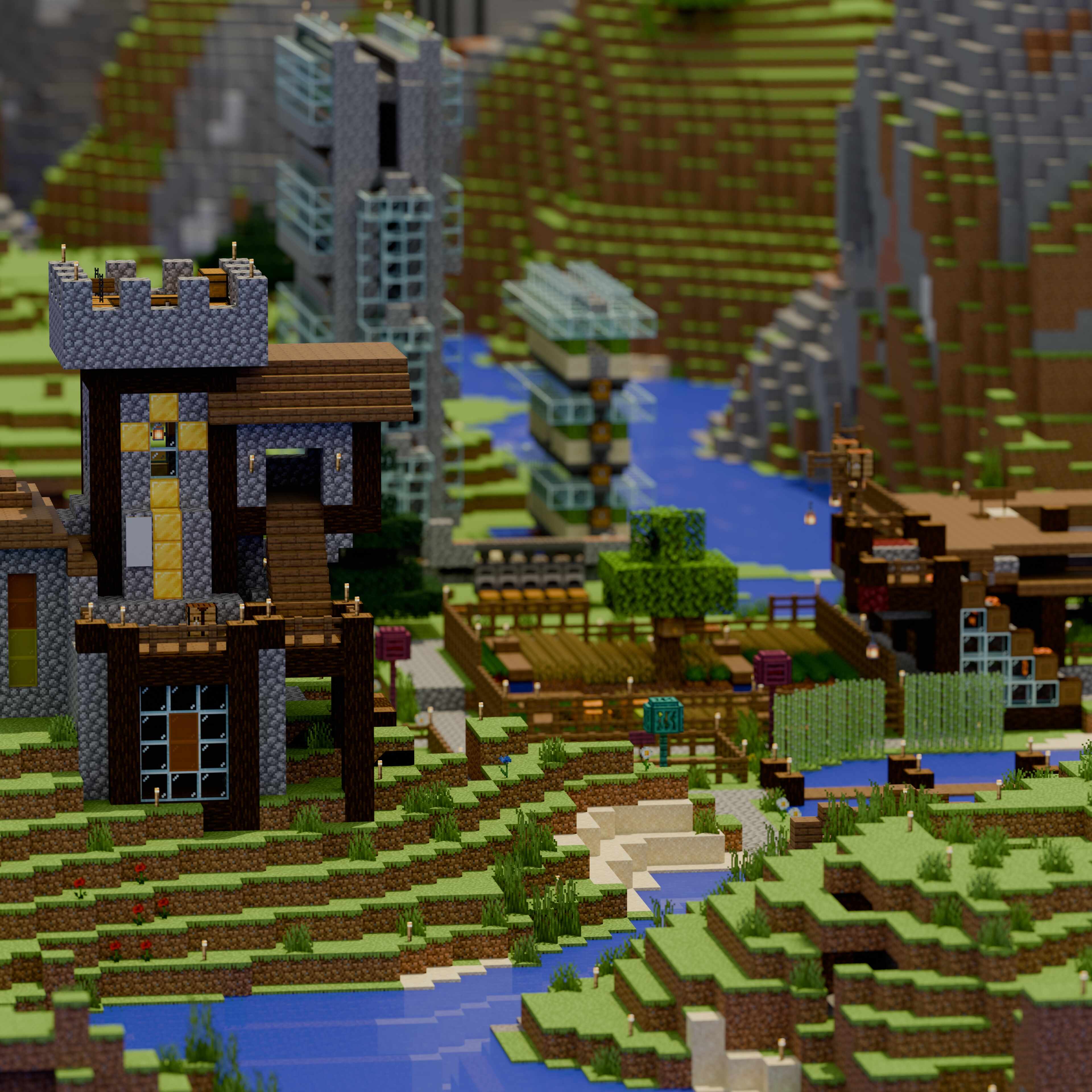 3D render of buildings and farms sitting by a river built in minecraft.