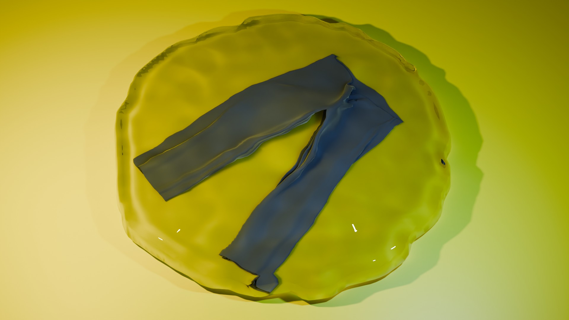 3D render of blue colored jeans suspended in a yellow liquid against a yellow diffuse background.