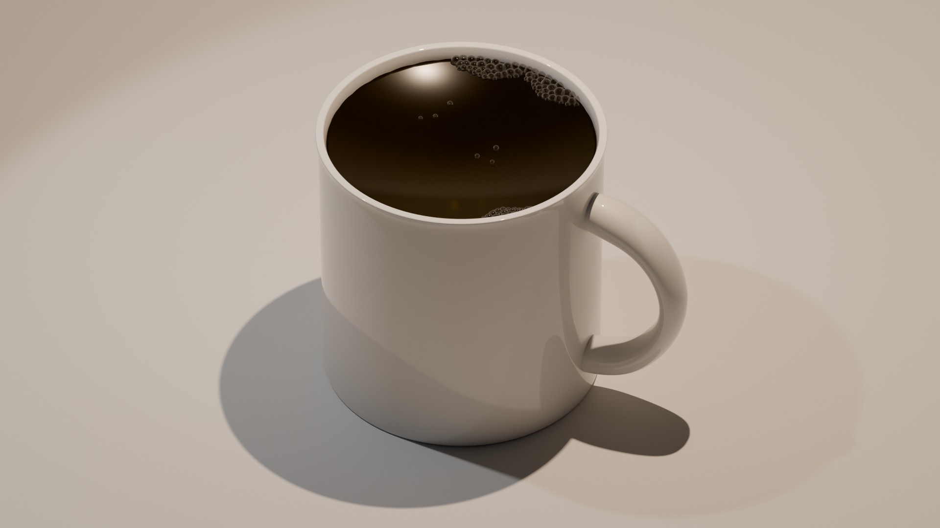 A minimalistic 3D render of a white ceramic cup, filled with dark-colored tea.