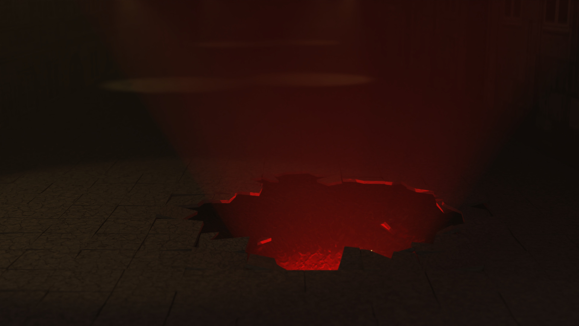A dark and empty pedestrian street, with a hole in the middle emanating a red light surrounded by cracked stone tiles.